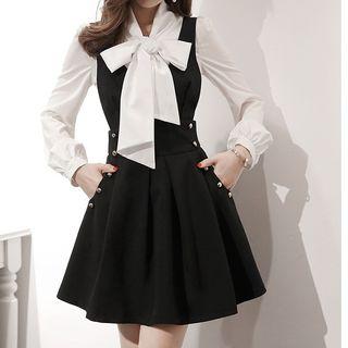 Set: Long-sleeve Bow Accent Blouse + Mini Pinafore Dress