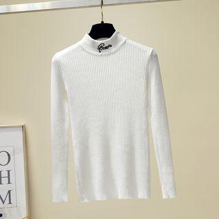 Long-sleeve Embroidered Letter Mock Neck Ribbed Knit Top