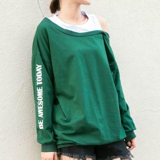Mock Two-piece Lettering Cold Shoulder Pullover