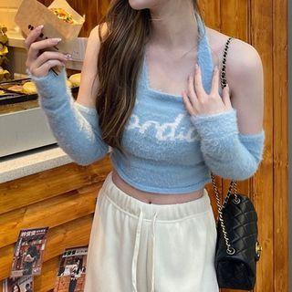 Set: Halter Knit Top + Arm Sleeves Light Blue - One Size