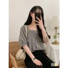 Square-neck Balloon-sleeve Check Blouse