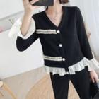 Set: Flared-sleeve Contrast Trim Blouse + Cropped Straight Leg Pants Set Of 2 - Shirt - Black - One Size / Pants - Black - One Size