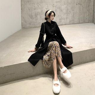 Single Breasted Coat / Floral Long-sleeve Midi A-line Dress