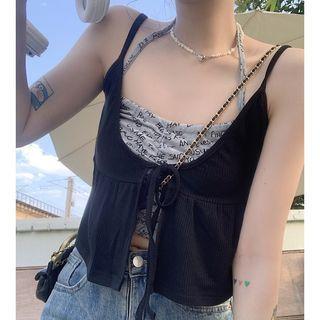 Set: Halter-neck Lettering Top + Slit Camisole Top Set Of 2 - Halter-neck Top & Camisole Top - Gray & Black - One Size