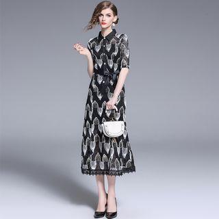Elbow-sleeve Patterned Lace A-line Midi Dress