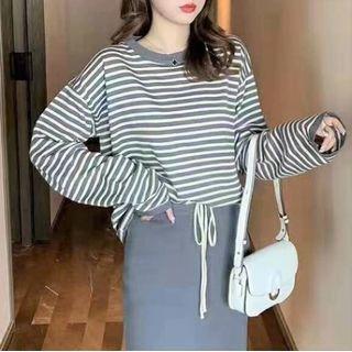 Set: Striped Sweater + Midi Fitted Knit Skirt