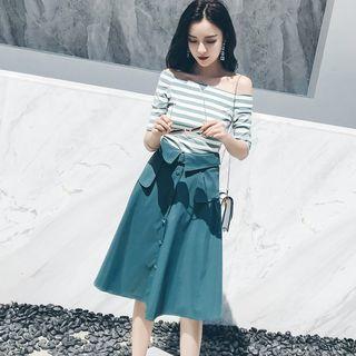 Set: Striped Short-sleeve T-shirt + Midi A-line Skirt