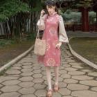 Bell-sleeve Striped Qipao / Sleeveless Mandarin Collar Print Dress