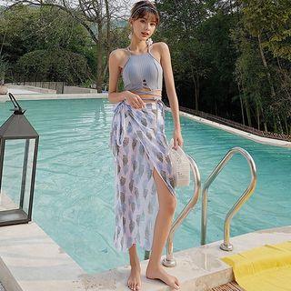 Set: Halter Tie-waist Swim Top + Leaf Print Swim Bottom + Cover-up