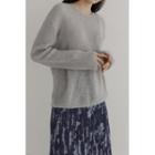 Round-neck Rib-knit Top Gray - One Size
