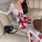 Long-sleeve Floral Print Satin Midi Sheath Dress