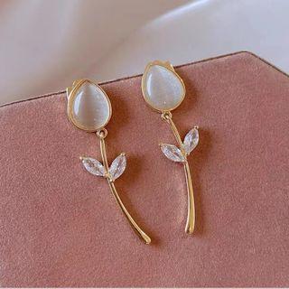 Flower Rhinestone Faux Cat Eye Stone Alloy Earring 1 Pair - White - One Size