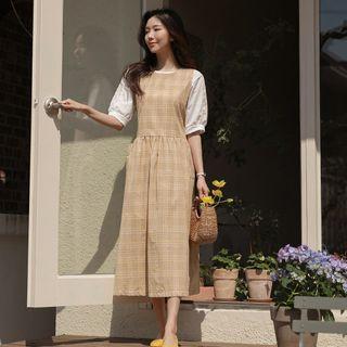Button-back Plaid Maxi Overall Dress