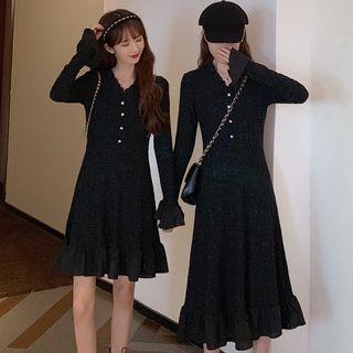 Ruffle Hem Long-sleeve A-line Dress / Midi A-line Dress