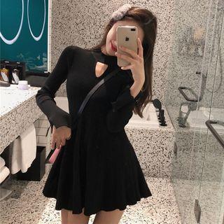 Long-sleeve Mock Neck Keyhole Front Mini A-line Knit Dress