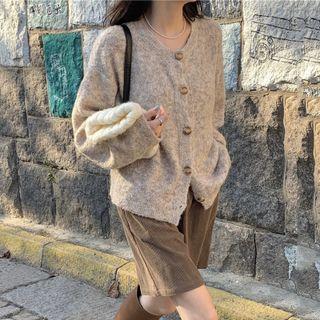 Long Sleeve Round Neck Plain Knit Cardigan Sweater - Almond - One Size