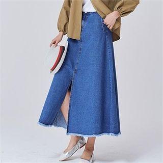 Fray-hem Slit-front Maxi Denim Skirt