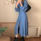 Long-sleeve Floral Print Button-up Midi Dress Floral Print - Blue - One Size