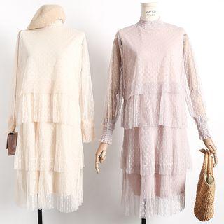 Dotted Mock Neck Long Sleeve Mesh Dress