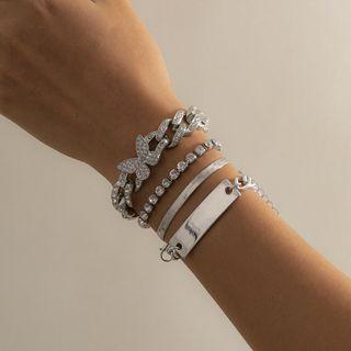 Set Of 4: Butterfly Rhinestone Bracelet + Chain Bracelet