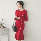 Button-trim Ruffle-hem Dress