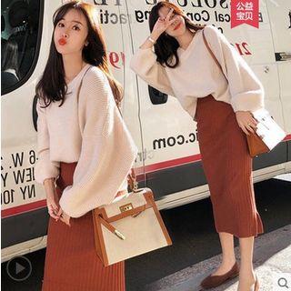 Knit Midi H-line Skirt/ V-neck Sweater/ Set