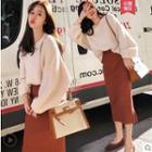 Knit Midi H-line Skirt/ V-neck Sweater/ Set