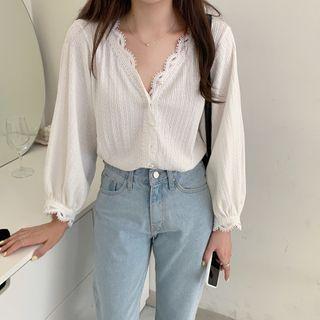 V-neck Plain Flare Long-sleeve Shirt