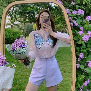 Sequined Butterfly Long-sleeve Mesh Blouse / Plain Wide-leg Shorts