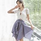 Set: Short-sleeve Cutout Top + Striped Skirt