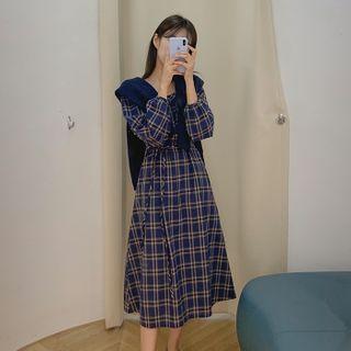 Tie-waist Long Plaid Dress Navy Blue - One Size