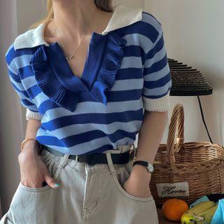 Short-sleeve Striped Polo Shirt Striped - Blue - One Size