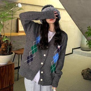 Bear Embroidered V-neck Argyle Cardigan Gray - One Size