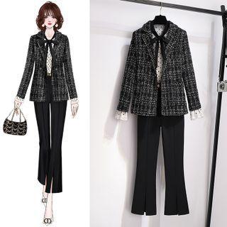 Tweed Blazer / Bow-neck Dotted Blouse / Boot-cut Pants / Set