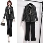 Tweed Blazer / Bow-neck Dotted Blouse / Boot-cut Pants / Set