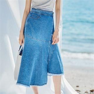 Wrap-front Fray-hem Denim Skirt