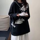 Rose Print Sweater / Midi A-line Layered Skirt