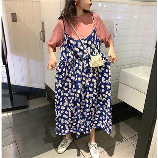 Short Sleeve Plain Tee / Floral Printed Sleeveless Dress