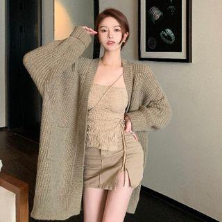 Open-front Long Cardigan Dark Khaki - One Size