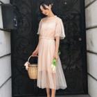 Set: Short-sleeve Mesh Dress + Spaghetti Strap Dress