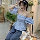 Puff-sleeve Off-shoulder Blouse Sky Blue - One Size