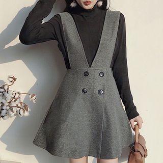 Double-breasted A-line Suspender Skirt