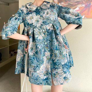 Elbow-sleeve Floral Print Button-up Blouse