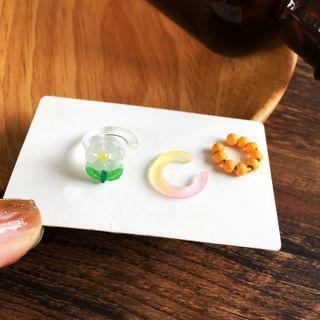 Set Of 3 : Bead / Gradient / Flower Resin Cuff Earring Set - Yellow & White & Green - One Size
