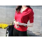 Collared Elbow-sleeve Knit Top