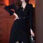 Asymmetric V-neck Long-sleeve Dress Black - One Size