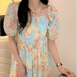Short-sleeve Square Neck Floral A-line Midi Dress Tangerine - One Size