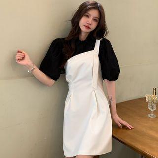 Short-sleeve Plain Shirt / Sleeveless One-shoulder Mini Dress
