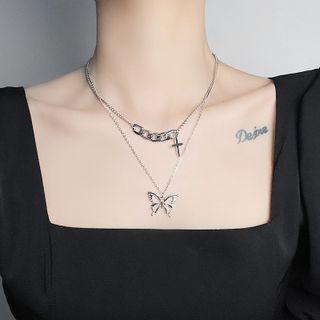 Butterfly Cross Pendant Layered Alloy Necklace Silver - One Size