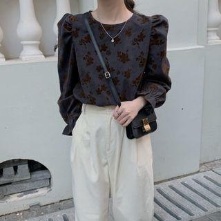 Bell-sleeve Floral Print Corduroy Blouse